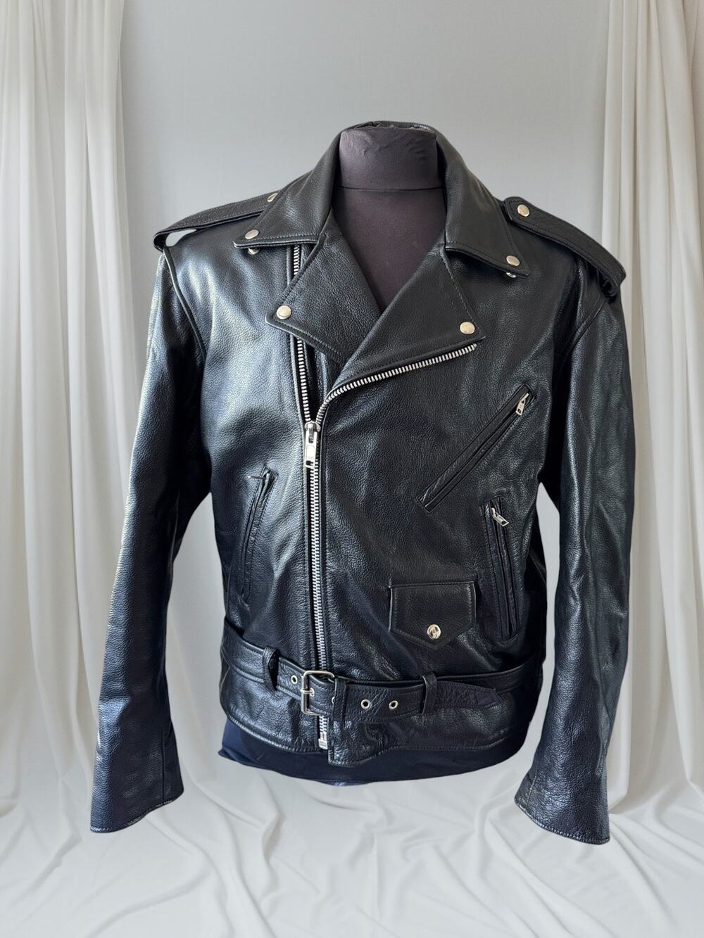 Men's Vintage Black Leather Motorcycle Jacket, 42, L